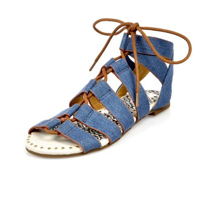 Girls blue denim lace-up ghillie sandals